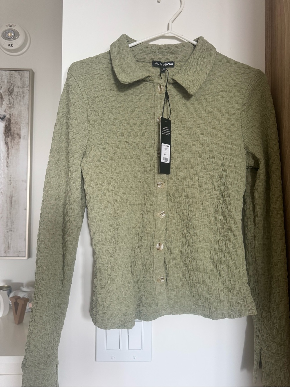 Fashion Nova Olive Green Textured Button-Down Shirt